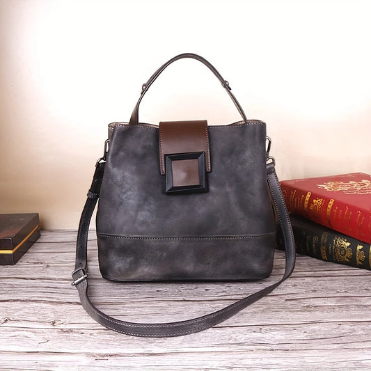 Vintage-style Solid Color Genuine Leather Crossbody Bag